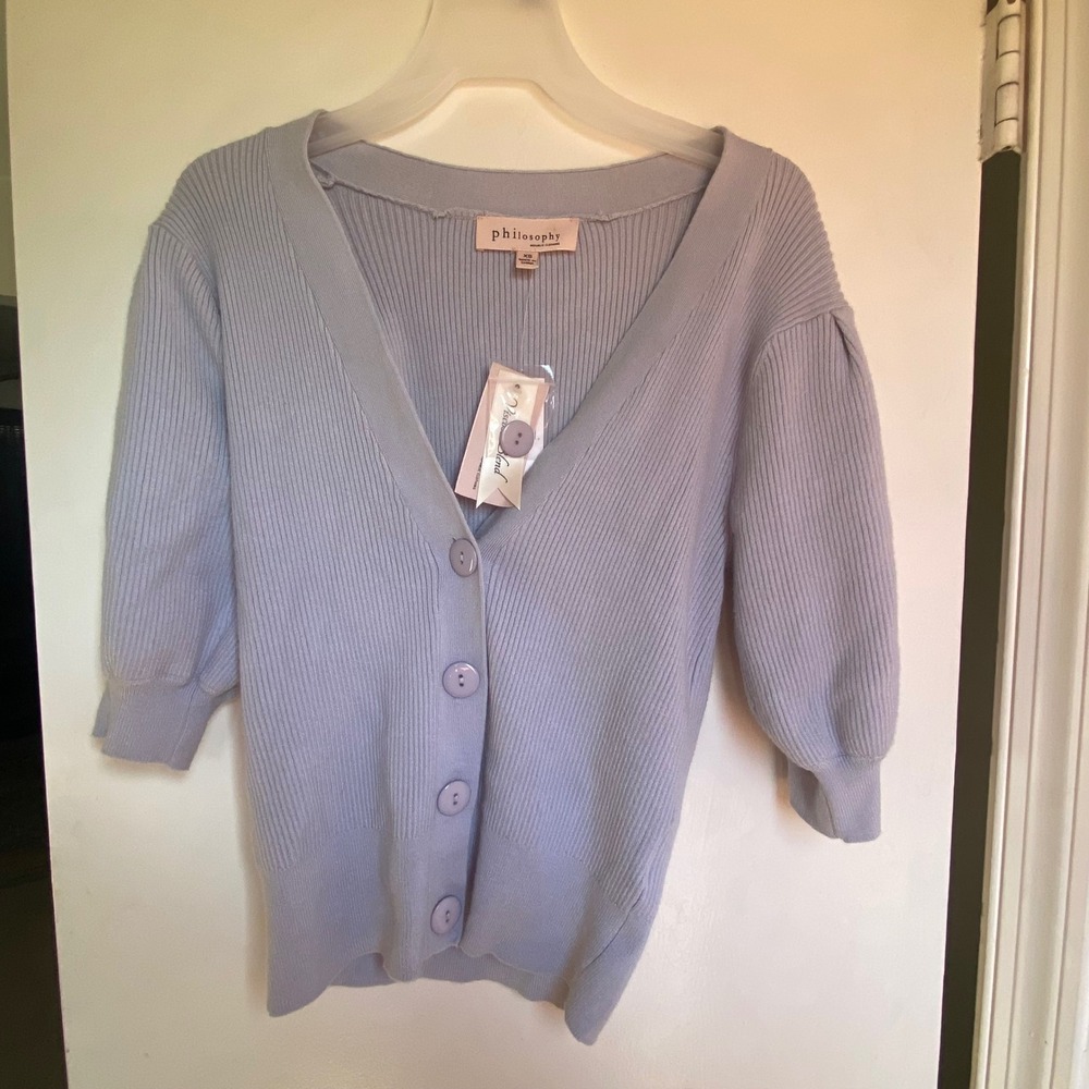 Philosophy Republic‎ Clothing Light Blue Puff Sleeve Ribbed  Button Cardigan XS